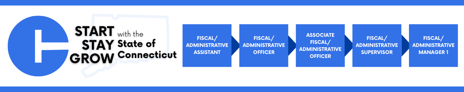Career progression within the State of Connecticut: starting with Fiscal/Administrative Assistant, advancing to Fiscal/Administrative Officer, then Associate Fiscal/Administrative Officer, then Fiscal/Administrative Supervisor, and ending at Fiscal/Administrative Manager 1.